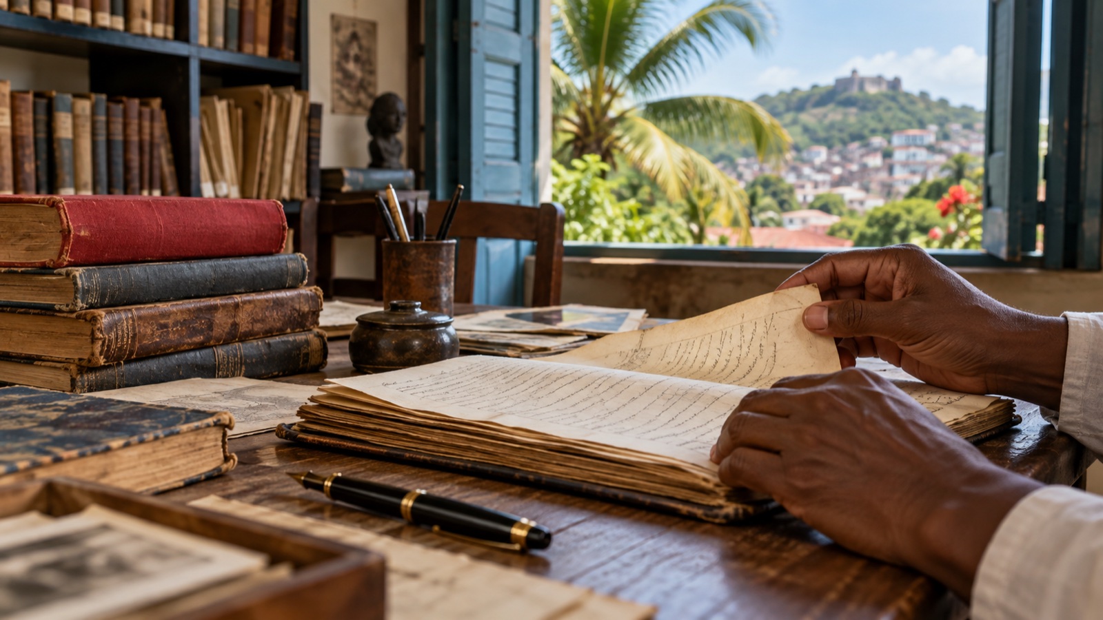 Consultation de livres et de documents anciens dans une bibliothèque haïtienne